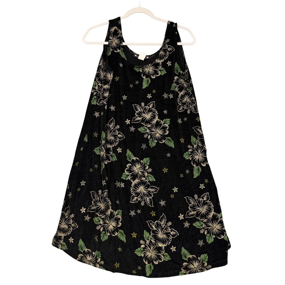 Kisses & Hugs Dress Womens Medium Black Floral Hawaiian Tank Swing Rayon USA